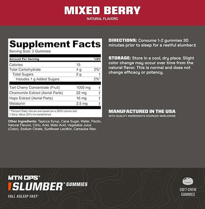 MTN OPS Melatonin Gummies for Sleep – Sleep Gummies with 2.5mg Melatonin, Tart Cherry 1000mg, Chamomile, Natural Flavors, Mixed Berry Flavor, 60 Servings