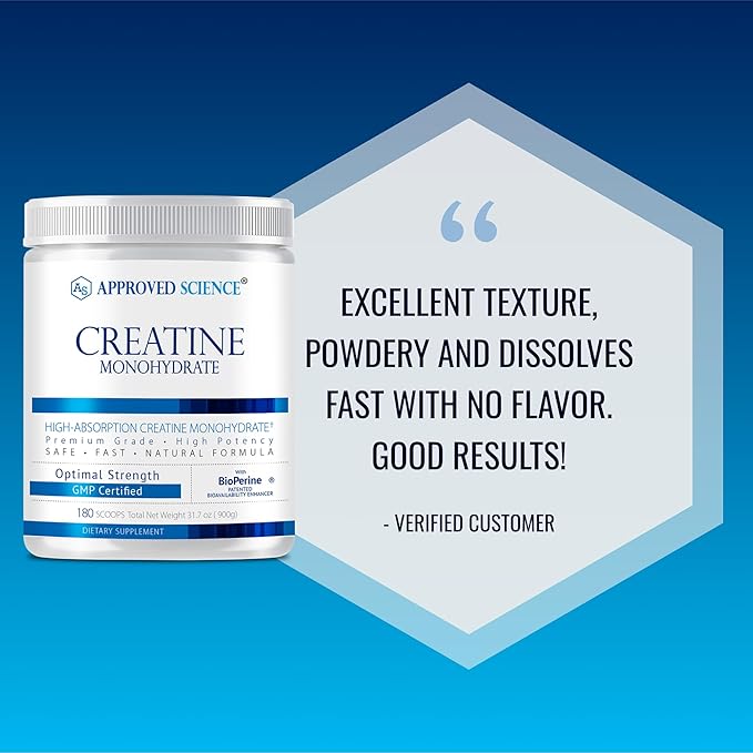 Approved Science Creatine Monohydrate Powder – with BioPerine – Supports Strength, Lean Muscle & Recovery – 5 g Per Serving – Unflavored Creatine Powder – Non-GMO, Vegan – 180 Servings