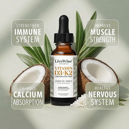 Live Wise Naturals Vegan D3 K2 Vitamin 5000 IU, 90 MCG (MK-7) Drops - 60 Servings, Ultra Concentrated Formulation, and Fast Absorption - Precision Micro-Dosing Dropper for Cognitive & Immune Support
