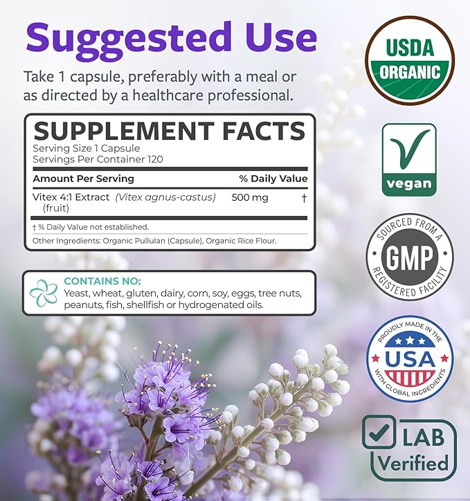 Organic Vitex Chasteberry Supplement for Women - High Strength Chaste Tree Berry Extract Supports Hormone Balance for Women from PMS to Menopause - Filler Free Vegan & Non-GMO (4 Month Supply)