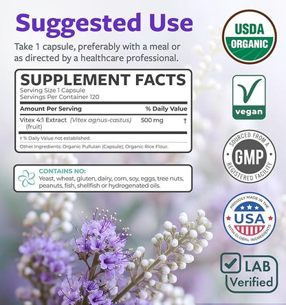 Organic Vitex Chasteberry Supplement for Women - High Strength Chaste Tree Berry Extract Supports Hormone Balance for Women from PMS to Menopause - Filler Free Vegan & Non-GMO (4 Month Supply)