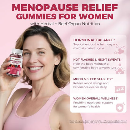 GREENPEOPLE Menopause Supplements for Women Gummies - 16-in-1 Dual Action Menopause Relief W/Black Cohosh, Vitex, Beef Organs for Hormone Balance, Hot Flashes, Night Sweats & Mood, Sugar-Free 60 CT