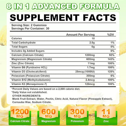 Calcium Citrate Gummies - Chewable Calcium Gummies for Bone, Muscle, Teeth, Immune Support, High Absorption Calcium Supplements for Women & Men Sugar Free Pineapple Flavor 60 Count