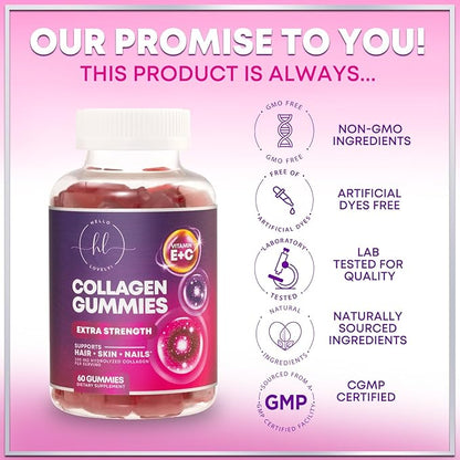 Collagen Peptides Gummies - 2500 mcg D-Biotin Per Serving - Hydrolyzed Protein Type I & III Multi Collagen Supplement with Vitamin C & Zinc - Support for Hair, Skin, Nails, Berry Flavor - 60 Gummies