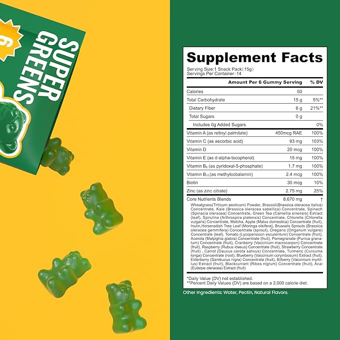NEWELLME Daily Super Greens Gummies - 6g Fiber per Serving - Sugar-Free, Vegan & Gluten-Free - Essential Multivitamin with Probiotics for Digestive Health, Energy & Immunity - 14 Grab-and-Go Packs