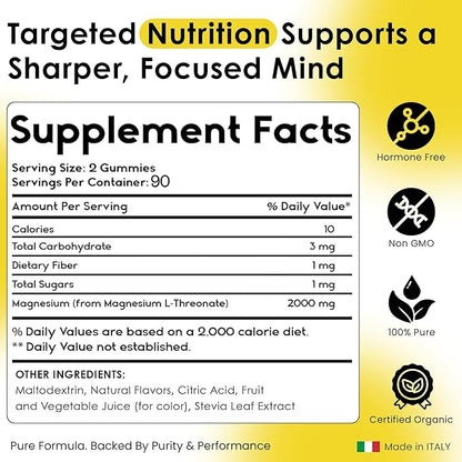 Magnesium L-Threonate Gummies for Adults & Kids 2000mg – Brain Supplements for Memory and Focus - 180 Count (Pack of 1)