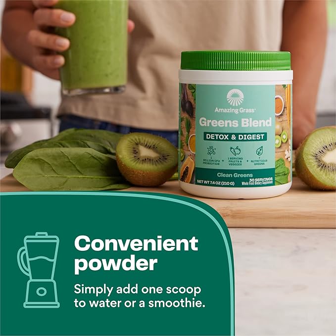 Amazing Grass Greens Blend Detox & Digest: Cleanse with Super Greens Powder, Beet Root Powder, Digestive Enzymes, Prebiotics & Probiotics, Clean Green, 30 Servings (Packaging May Vary)