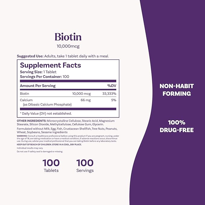Natrol Beauty Biotin 10,000mcg Vitamins for Beauty, 100 Tablets, 100 Day Supply