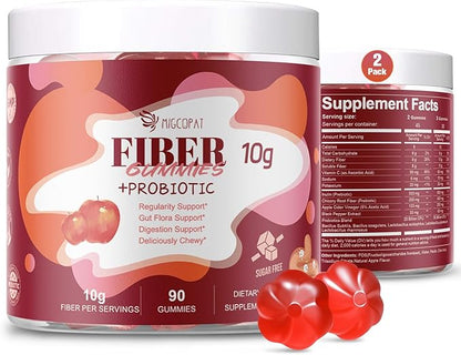 Migcopat Sugar Free Fiber Supplement, 10g Fiber Gummies for Adults, Apple Flavor with Probiotics, Vitamin C, ACV, Inulin, Support Digestive Health, 90 Count (Pack of 2)