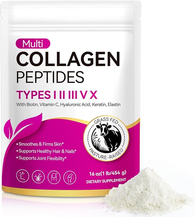 Multi Collagen Peptides Powder, 1lb – Types I, II, III, V, X | Hydrolyzed Collagen with Biotin, Vitamin C, Hyaluronic Acid, Keratin & Elastin | Supports Skin Hair Nail & Joint, Grass-Fed
