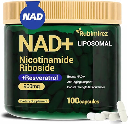 NAD+ Supplement with, Nicotinamide Riboside & Resveratrol 900mg – Anti-Aging Support for Women & Men, NMN Alternative, Vegan Non-GMO - 100 Capsules