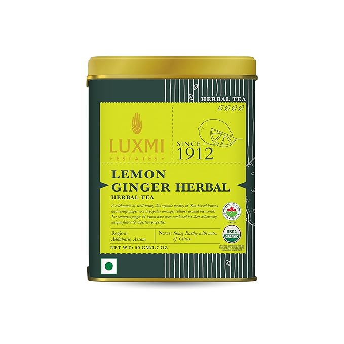 Luxmi Estates Lemon Ginger Root | Certified Organic Herbal Tea | Citrus Flavor & Aroma | Lemon Peel, Ginger, Lemongrass, Licorice | 50g/1.76oz