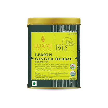 Luxmi Estates Lemon Ginger Root | Certified Organic Herbal Tea | Citrus Flavor & Aroma | Lemon Peel, Ginger, Lemongrass, Licorice | 50g/1.76oz