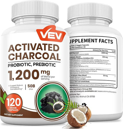 VEV Activated Charcoal with Organic Coconut Shell Charcoal & 50 Billion Probiotics – 120 Vegan Capsules for Digestive Wellness & Dietary Support