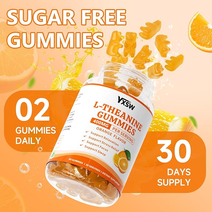 L-Theanine Gummies, Chewable L-Theanine Supplement for Adults & Kids 400mg with Ashwagandha, GABA, 5HTP for Relax, Zzz & Focus Support, Orange Flavor, 120 Counts
