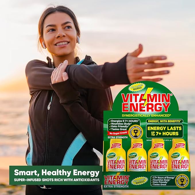 Vitamin Energy B12 11,000% Extra Strength Energy Shot Mango 24 Pack, 260mg Natural Caffeine, B12 & B6, Nootropic Focus, Vitality, Zero Sugar, Gluten-Free, Vegan, Kosher, 1.93 fl oz