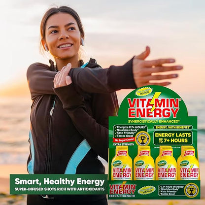 Vitamin Energy B12 11,000% Extra Strength Energy Shot Mango 48 Pack, 260mg Natural Caffeine, B12 & B6, Nootropic Focus, Vitality, Zero Sugar, Gluten-Free, Vegan, Kosher, 1.93 fl oz