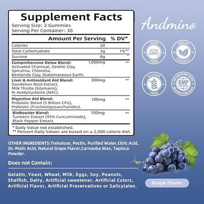 13-in-1 Detox Binder Gummies 1500mg | Activated Charcoal+Zeolite+Milk Thistle | Liver & Gut Detox Support | Non-GMO, Vegan, Gluten-Free, Grape Flavor, 60