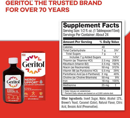 Geritol Liquid Vitamin and Iron Supplement, Energy Support, Contains High Potency B-Vitamins and Iron, Pleasant Tasting, Easy to Swallow, No Artificial Sweeteners, Non-GMO, 12 Oz