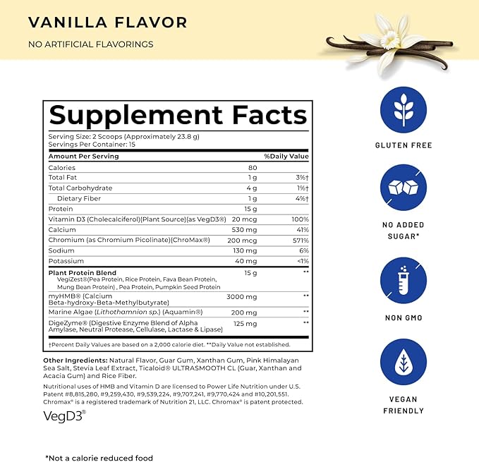 POWERLIFE High Impact Plant Protein Powder with 3000 MG of HMB, Plant-Based, No Sugar Added, Vegan, Keto Friendly, Non-GMO (Vanilla - New Formula)