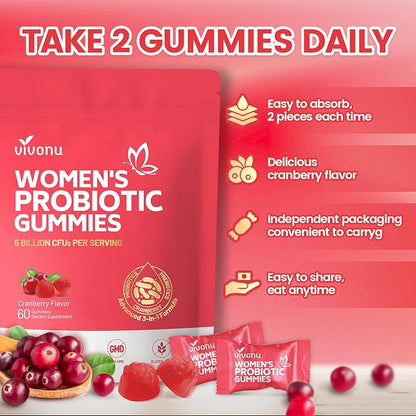 VivoNu Viginal Probiotic for Women, Women Probiotic Gummies, Feminine Balance Gummies, Cranberry Probiotics for Woman Vaginigal Health, Yeast Ph Balance| 60 Gummies