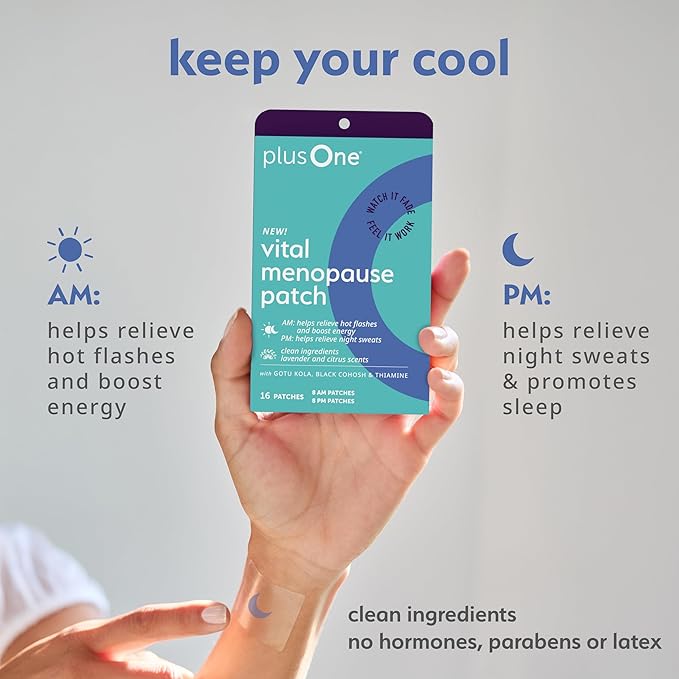 plusOne Vital Menopause Patches AM & PM – Hot Flash & Night Sweat Support – Promotes Energy & Sleep – Herbal Arjuna Daily Patches – 16ct