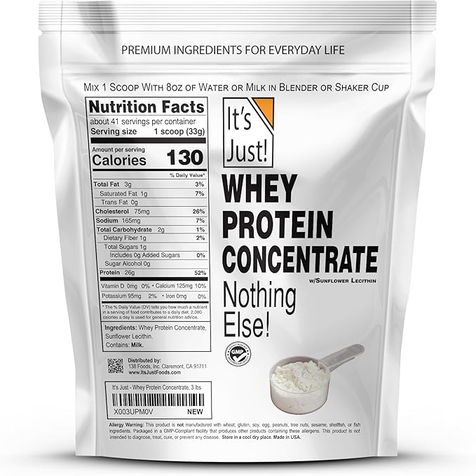 It's Just! - 100% Whey Protein Concentrate, Made in USA, rBGH/RBST Hormone Free, Premium WPC-80, No Added Flavors or Artificial Sweeteners (3 Pound, Unflavored)