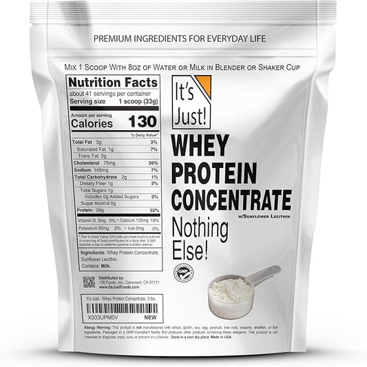 It's Just! - 100% Whey Protein Concentrate, Made in USA, rBGH/RBST Hormone Free, Premium WPC-80, No Added Flavors or Artificial Sweeteners (3 Pound, Unflavored)