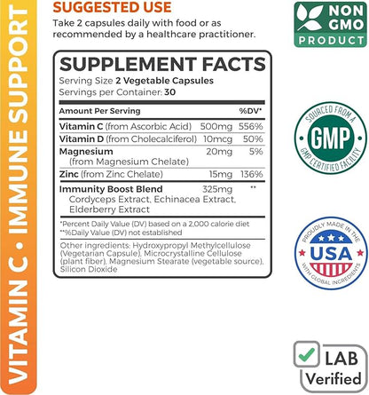Vitamin C Immune Support Supplement - Immune Boost Blend with Elderberry Vitamin C and Zinc for Daily & Seasonal Support - Magnesium Zinc Vit C & D and Herbal Defense Complex (1 Month Supply)
