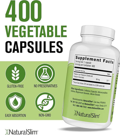 NaturalSlim Natural Potassium Citrate Gluconate 99 mg - Kadsorb Supports Electrolyte Balance & Normal pH - Absorbable Potassium Supplements with Essential Minerals - Non GMO 400 Capsules 1 Pack