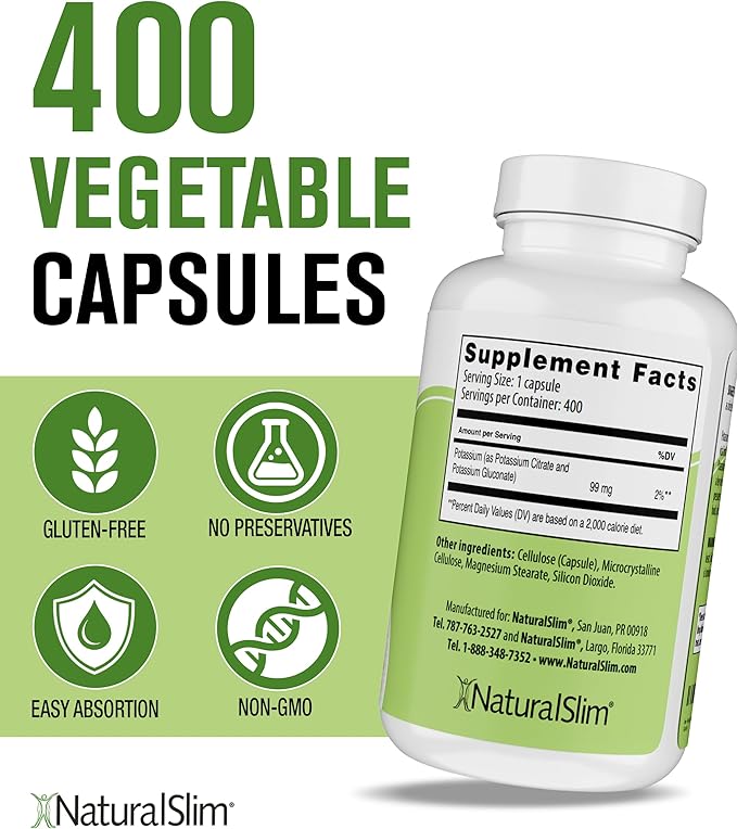 NaturalSlim Natural Potassium Citrate Gluconate 99 mg - Kadsorb Supports Electrolyte Balance & Normal pH - Absorbable Potassium Supplements with Essential Minerals - Non GMO 400 Capsules 3 Pack