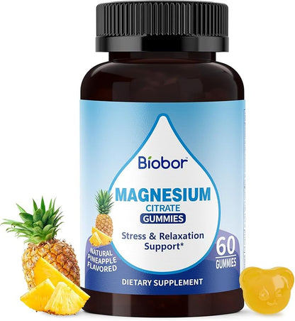 Biobor Potassium Magnesium Citrate Gummies, Magnesium Gummies Supplements with Vitamin D3, B6, Electrolyte Balance & Muscle, Stress Relaxation Support (60 Count (Pack of 1), Pineapple)