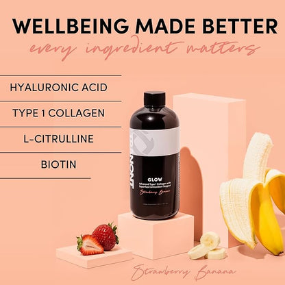 Tranont Glow Liquid Collagen for Women | Multi Collagen Peptides with Hyaluronic Acid & Biotin | Hair, Skin & Nail Support | Hydrolyzed Collagen Shot | Strawberry Banana | 30 fl oz