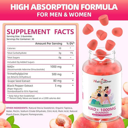 NAD+ Gummies Supplement for Women 1000MG - NAD Plus Gummies for Men Sugar Free Vitamin B3 Niacinamide Pure Organic Boosts NAD Level Anti-Aging Cell Regeneration Energy Brain Peach Flavor 60C
