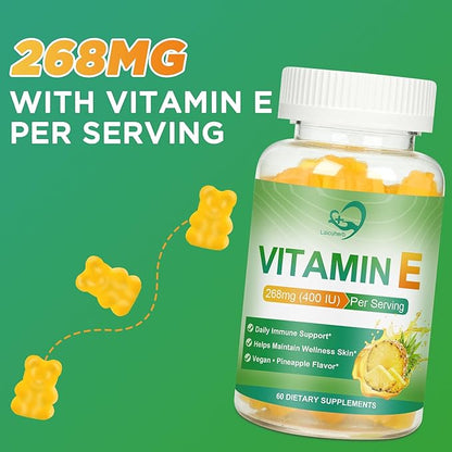 Laicuherb Vitamin E Gummies for Skin & Immune, Pineapple Flavor 268mg Per Serving Vitamin E 400 IU Gummies for Adults, 60 Count Sugar-Free Gluten-Free Vegan Gummy for Daily Wellness