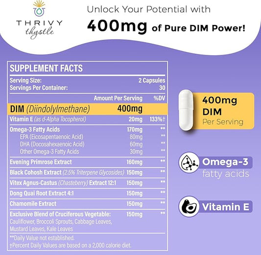 Liposomal DIM 400 mg - Hormone Balance, Estrogen Support for Women, DIM Supplement with Vitamin E, Evening Primrose, Black Cohosh, Omega-3 Fatty Acids (120 Capsules)