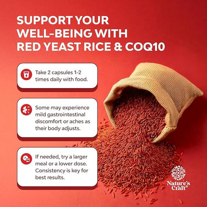 Natures Craft Red Yeast Rice with CoQ10 Supplement - Advanced Healthy Heart & Healthy Cholesterol Levels Formula for Men & Women - Red Yeast Rice Capsules with 1200 mg per Serving and CoQ10-120 Count