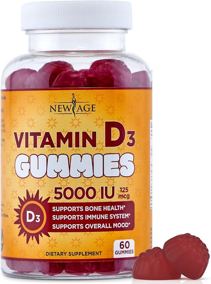 NEW AGE Vitamin D3 5000 IU 125mcg Gummies - Immune Supplement - Non-GMO, Gluten-Free, Dairy-Free, No Gelatin (60 Gummies (Pack of 1))