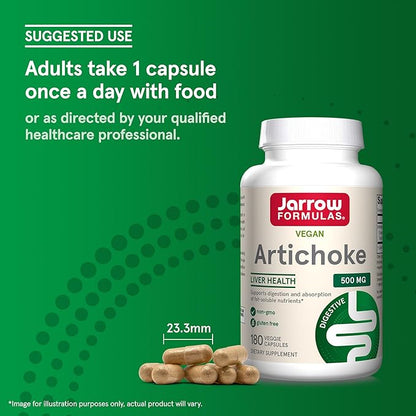 Jarrow Formulas Artichoke 500 mg - Standardized Artichoke Extract - 180 Servings (Veggie Caps) Support Liver Health & Digestion - Dietary Supplement - Non-GMO - Gluten Free - Vegan