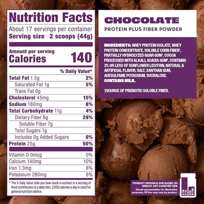 Premier Protein Powder Plus Fiber, Chocolate, 25g Protein, 7g Fiber to Support Gut Health, No Added Sugar (17 Servings)