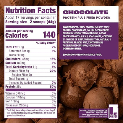 Premier Protein Powder Plus Fiber, Chocolate, 25g Protein, 7g Fiber to Support Gut Health, No Added Sugar (17 Servings)