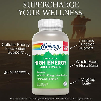 SOLARAY Once Daily High Energy Multivitamin for Women and Men – with Vitamin C, Vitamin D and Whole Food & Herb Base - Cellular Energy Metabolism & Immune Function Support – 200 Servings, 200 VegCap
