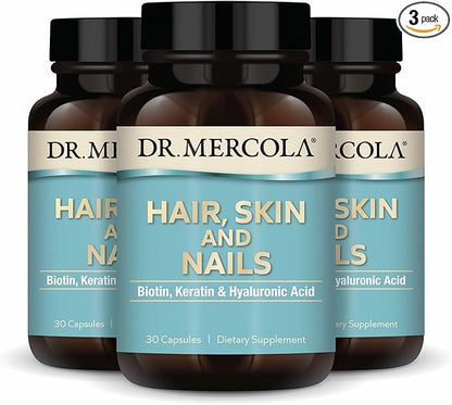 Dr. Mercola Hair, Skin and Nails - Provides Biotin, Keratin & Hyaluronic Acid - Premium Quality - Supports Healthy Aging - Non-GMO, Gluten-Free & Soy-Free - 30 Capsules (3 Pack)
