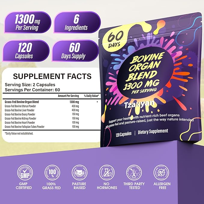1300MG Beef Organ Supplement for Women, 100% Grass Fed Beef Liver, Uterus, Ovary & 3 More, Bovine Organ Capsules for Supports Women's Overall, Endocrine Balance, Energy, Immunity, 60 Days