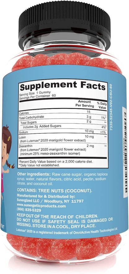 Sunergetic Premium Eye Support Gummies for Kids - Lutein with Zeaxanthin Supports Overall Eye Health, Vision & Macular Health–Clinically Studied Lutein & Zeaxanthin with Lutemax 2020-60 Gummies