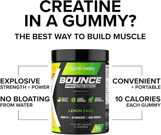 Bounce Pro Creatine Monohydrate Gummies for Men & Women, Low Calorie, 6G of Creatine per Serving, Vegan, Anti-Melting, Gluten-Free, Non-GMO (51 Count (Pack of 1), Lemon Cake)