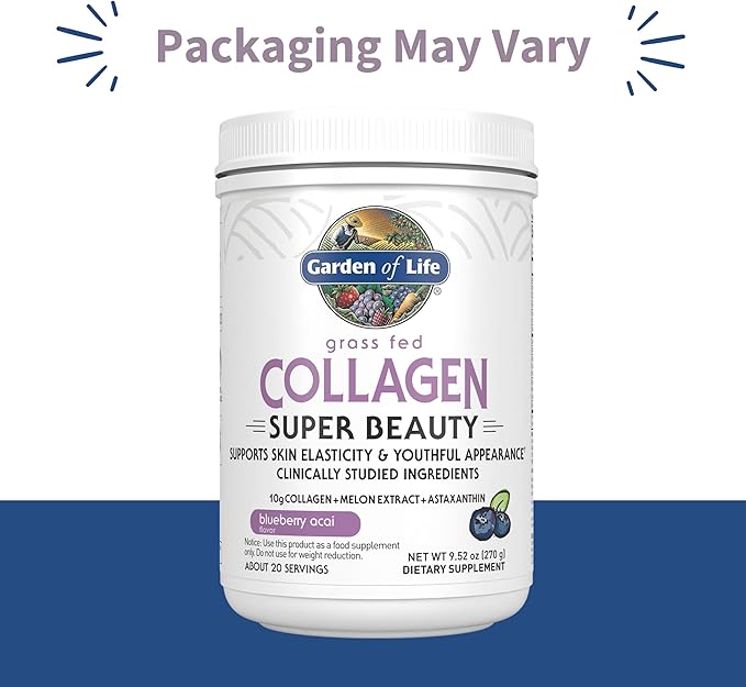 Garden of Life Grass Fed Collagen Powder, Blueberry Acai, Hydrolyzed Collagen Peptides Powder Supplement Drink Mix, 20 Servings