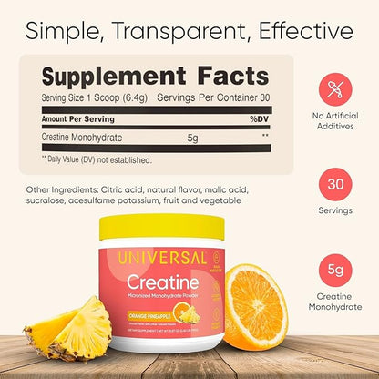Universal U Creatine Monohydrate for Women - Flavored Creatine Powder, Female Strength, Energy, Lean Muscle Support and Recovery Supplement, No Bloat, No Bulk, 5g Per Serving, 30 Sv, Orange Pineapple