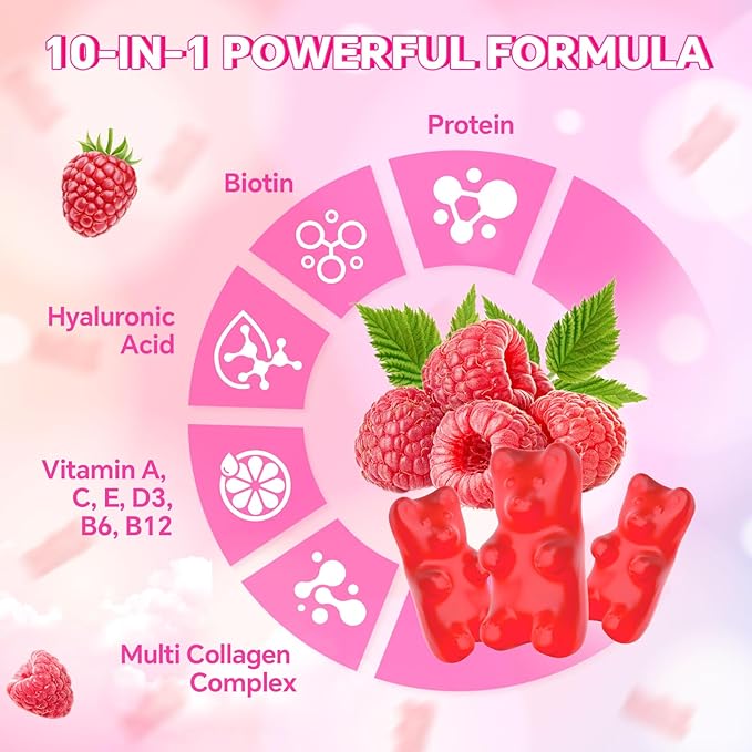 Collagen Gummies for Women Men, Hydrolyzed Collagen Protein Type I II III V X with Biotin Vitamin C A B D E Hyaluronic Acid for Hair, Skin, Nails, Joint, Immune Support, Raspberry Flavor, 120 Count