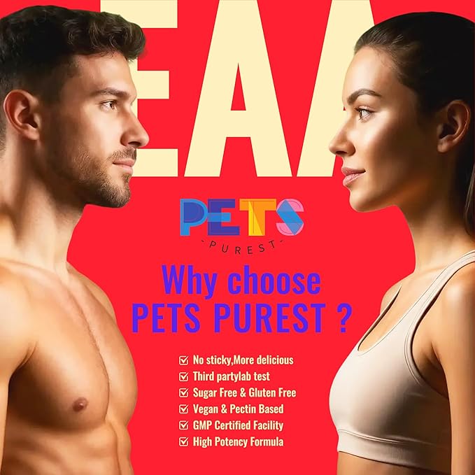 Pets Purest EAA Gummies 120 Gummies (Strawberry), Essential Amino Acids - All 9 Essential Aminos (EAA) and All Branched-Chain Aminos (BCAAs), Non-GMO, Gluten Free, Vegetarian Friendly